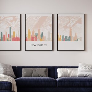 Triptyque de New York, NY, ligne d'horizon de New York, NY avec une carte, poster de New York, NY, différentes couleurs disponibles, poster des Etats-Unis, impressions des Etats-Unis