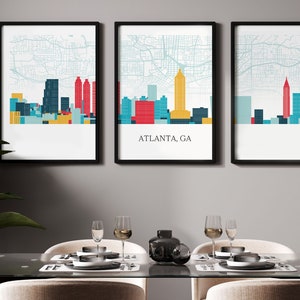 Triptyque Atlanta, Géorgie, ligne d'horizon d'Atlanta avec carte, affiche d'Atlanta, différentes couleurs disponibles, affiches des États-Unis, impressions des États-Unis