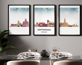 Nottingham UK print set, Nottingham triptych, 3 piece Wall Art, Nottingham Skyline, UK Skyline, Travel gift, Nottingham souvenir,3 print set