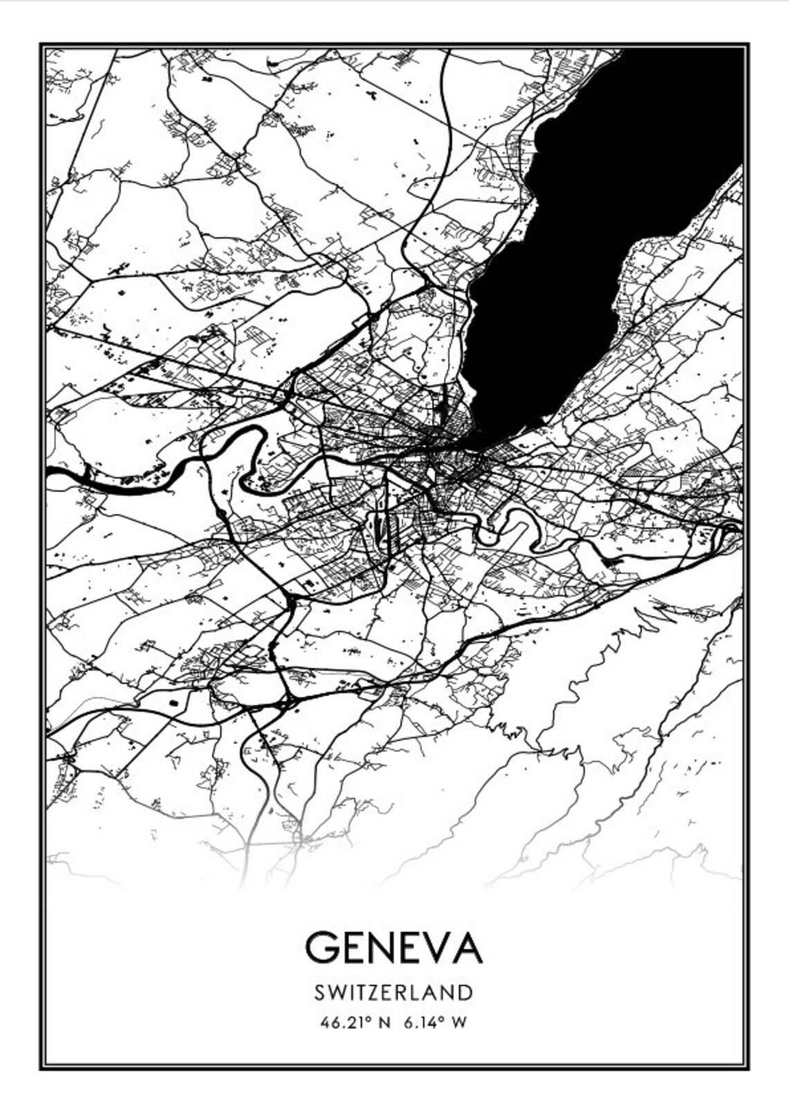 Affiche de carte de Genève affiche de carte en noir et blanc Etsy