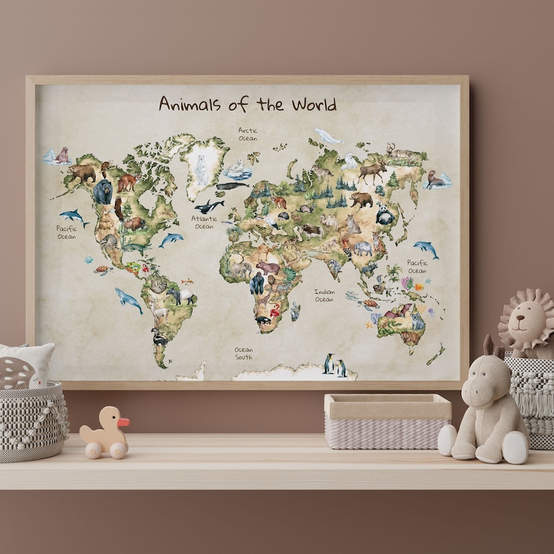 Animal World Map Poster for Kids, Nursery Wall Art, Educational Animal ...