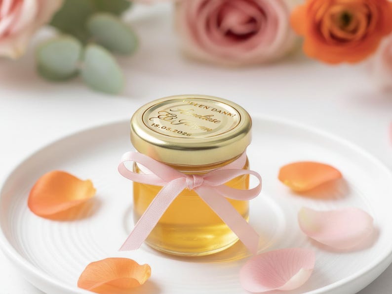 May include: A small glass jar filled with honey, topped with a gold lid and a pink ribbon. The lid has text and a date. The jar sits on a white plate with scattered orange and pink flower petals. Roses are in the background.
