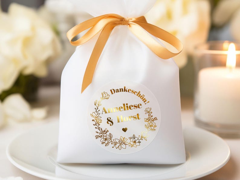 May include: A white gift bag tied with a gold ribbon, featuring a gold foil sticker with the text "Dankesch&ouml;n! Anneliese & Horst" surrounded by floral elements. The bag sits on a white plate, with a lit candle in the background.