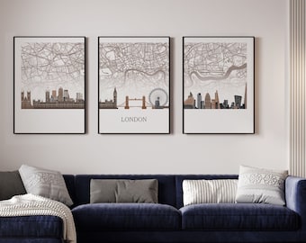 London  triptych, London Skyline with a map, London poster, different colors available