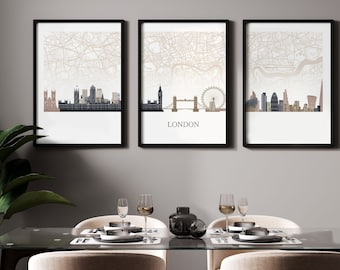 Minimalist London Map Skyline Triptych, Set of 3 Prints, London UK Wall Art Poster Set, Custom Colour Options, Contemporary Decor