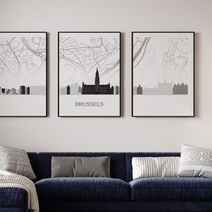 Drieluik Brussel, skyline van Brussel met een kaart, poster Brussel, verschillende kleuren beschikbaar