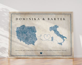 Personalised Map Poster, Love map, Two countries map, Customisable Map Art, Family gift art, custom poster, custom print,