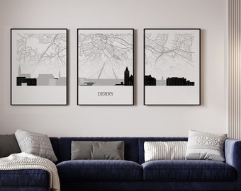 Derry triptych, Derry Skyline with a map, Derry poster, different colors available