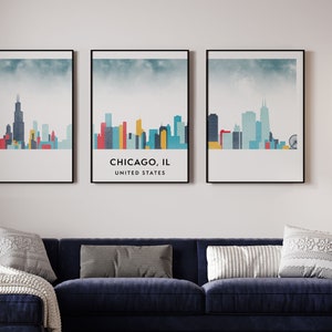 Chicago, IL-drieluik, Chicago, IL Skyline, Chicago, IL-posters, verschillende kleuren beschikbaar, VS-posters, Amerikaanse poster