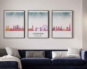 London Watercolor Skyline Triptych Set of 3 Prints, London UK Wall Art Poster Set, Custom Colour Options, Minimalist Modern Decor, Gift