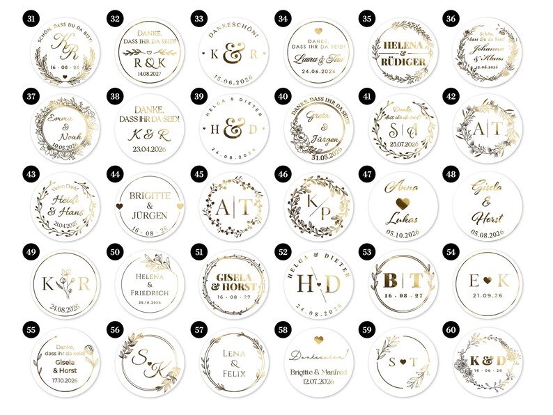 May include: A collection of white, round stickers with gold foil accents. Each sticker features names, initials, and dates, surrounded by decorative elements like wreaths and floral designs. The stickers are likely for weddings or special events.