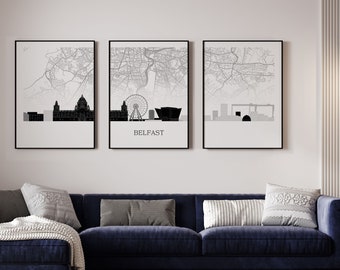Belfast triptych, Belfast Skyline with a map, Belfast poster, different colors available