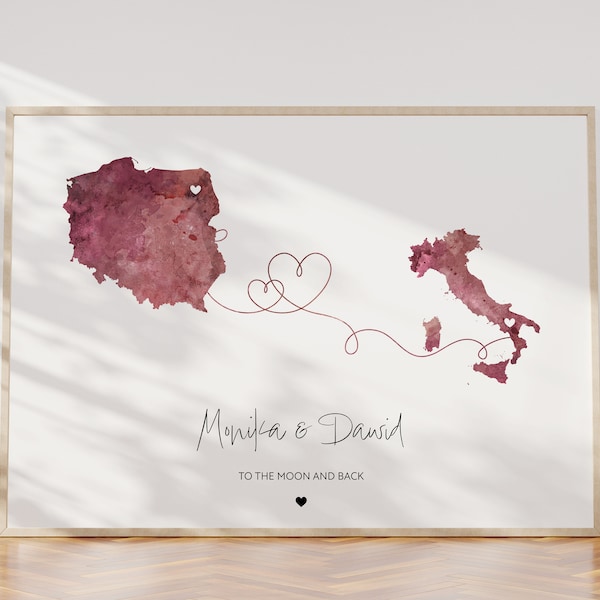 Póster de mapa personalizado, mapa de amor, mapa de dos países, arte de mapa personalizable, arte de regalo familiar, póster personalizado, impresión personalizada,