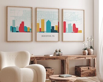 Houston, TX triptych, Houston, TX Skyline with a map, Houston, TX poster, different colors available, usa poster, us prints