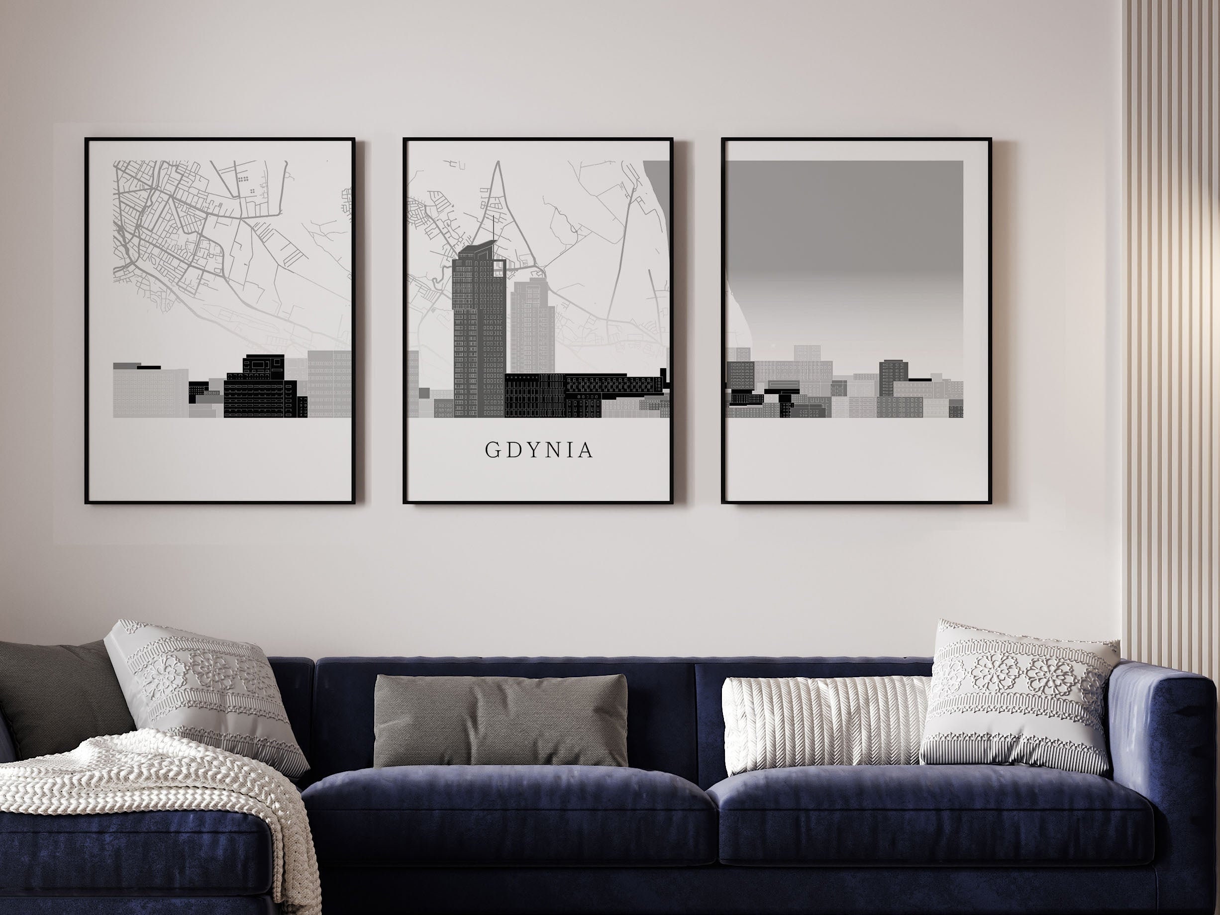 Gdynia triptych, Gdynia Skyline with a map, Gdynia poster, different colors available