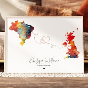 Long Distance Couple Map Print, Personalized Two Locations Map, Custom Country Map Wall Art, Anniversary Gift