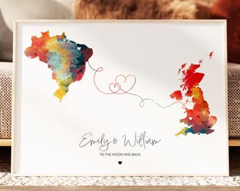 Personalised Long Distance Couple Map Print with Two or Three Locations and Names