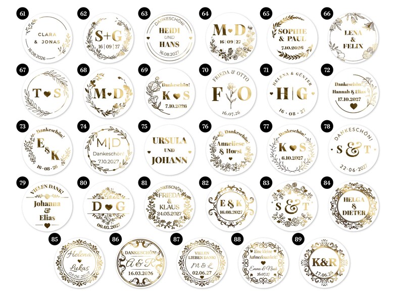 May include: A collection of white circular stickers with gold text and decorative borders. Each sticker features names, initials, and dates, likely for a wedding or special event. The designs vary, including floral and leaf motifs.