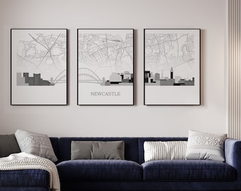 Newcastle Skyline Triptychon-Set von 3 Drucken, Newcastle UK Stadt Karte & Skyline Wandkunst, Benutzerdefinierte Farboptionen, minimalistisches modernes Poster-Set