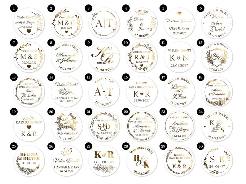 May include: A collection of gold and white wedding favor stickers with various names, dates, and initials. The stickers are round and feature floral and leaf designs. Some include the text "Vielen Dank!"