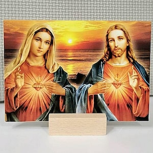 Impression de peinture du Sacré-Cœur de Jésus et de Marie - Cœur immaculé - icône catholique - 12 x 9 cm - plaque photo cadeau décoration d'intérieur chrétienne