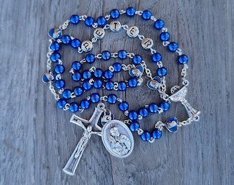 Rosaire de communion de garçon, prénom rosaire, saint patron, chapelet bleu, chapelet de la sainte communion, chapelet personnalisé, chapelet bleu de 1ère communion des garçons