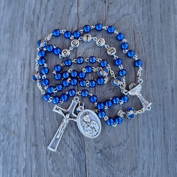 Boy's Communion Rosary, Name Rosary, Patron Saint, Blue Rosary, Holy Communion Rosary, Personalized Rosary, Boys Blue 1st Communion Rosary