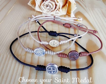 Simple Cord Bracelet, Catholic Saint Medal, St. Benedict, St. Michael, Miraculous Medal, Blessing Bracelet, Cooper Bracelet, Protection Gift