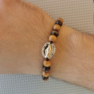 Miraculous Medal Bracelet - Gold Tone Medal, Natural Wood Beads, Patron Saint Medal, Boho Bracelet, Miraculous Mary, Men Women Kids Gift