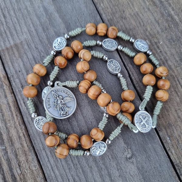 St Michael Chaplet, Olive Wood Rosary, Saint Benedict Rosary, Prayer beads, Police Officer Gift, Patron of Military, St Michael Medal