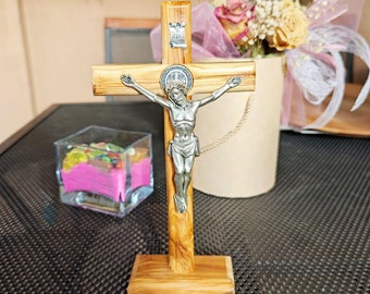 Olive Wood Cross, St Benedict Cross, Benedictcross, Table Cross, Handmade - 10" inches - Catholic Cross, Catholic Home Blessing Decor