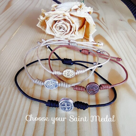 Saint Padre Pio Medal Bracelet - Black Woven Cord, Adjustable, Catholic Jewelry Gift For Communion & Confirmation - View #4