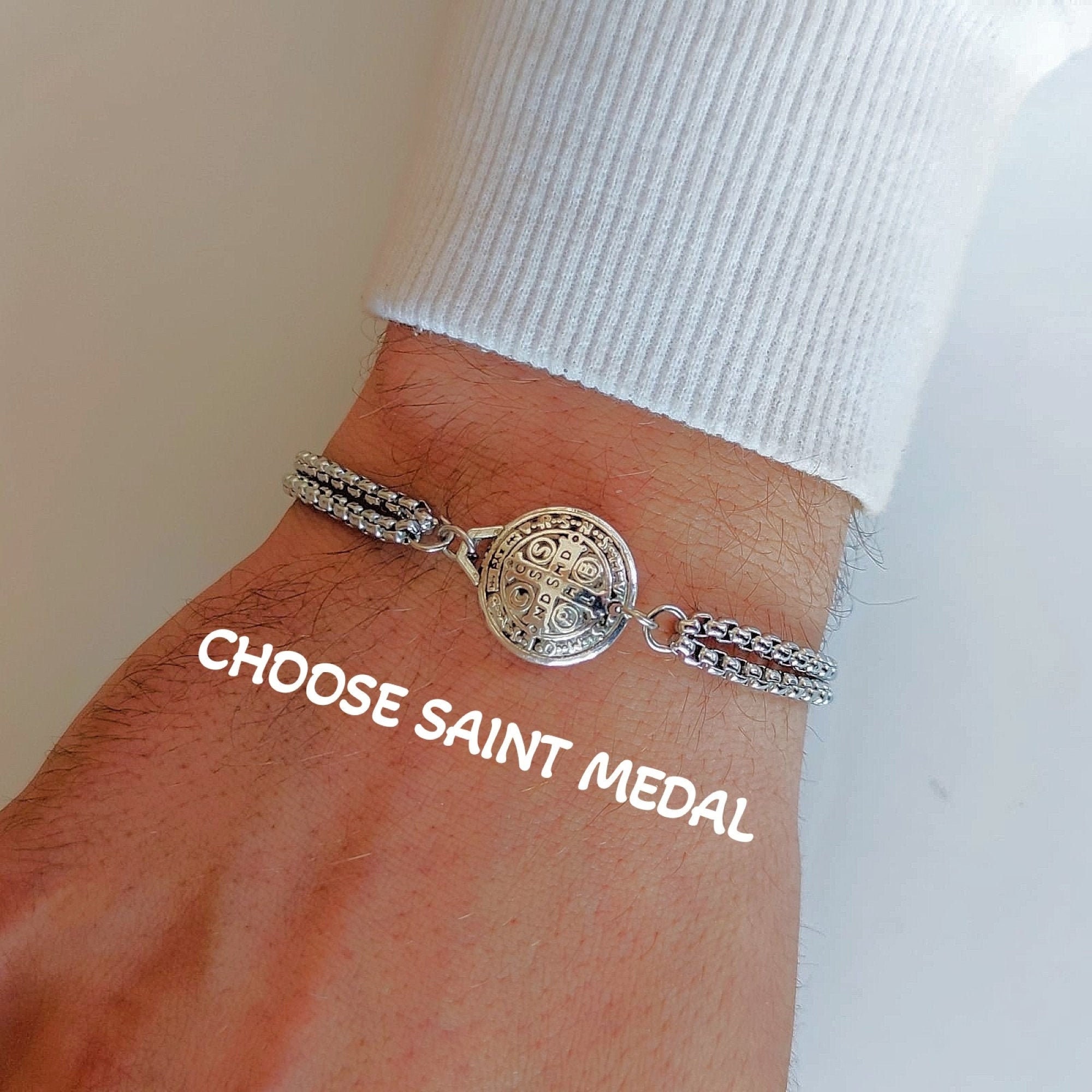 Catholic Saints Chain Bracelet Religious Bracelet Men Womens Christian Jewelry Gift St Benedict Michael Peregrine Christopher Padre Pio