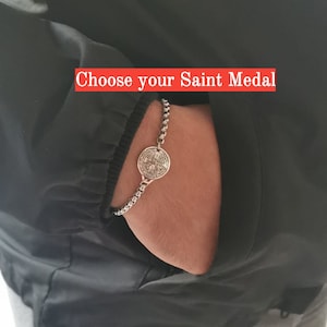 St Benedict Medal Bracelet - Religious Gift - Choose Your Saint Bracelet - Adjustable Stainless Steel Chain - Patron saint, gifts for men,