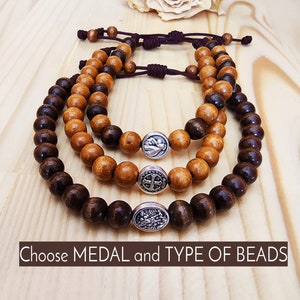 Pulsera católica de cuentas de madera Patrona Santa Medalla - Arcángel Miguel San Benito Miraculos Medalla San Antonio San Francisco Padre Pío St Therese