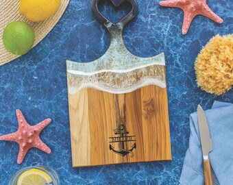 Personalized Ocean Resin Charcuterie Board: Engraved Coastal Cheese Board