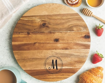 18" Engraved Wooden Lazy Susan: Rustic Rotating Serving Tray