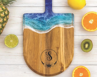 Personalized Ocean Resin Charcuterie Board: Engraved Coastal Cheese Board