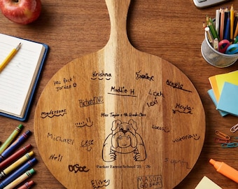 Custom Teacher Principal Educator Gift Cutting Board with Student Signatures, Engraved Class Keepsake, Personalized School Logo Gift