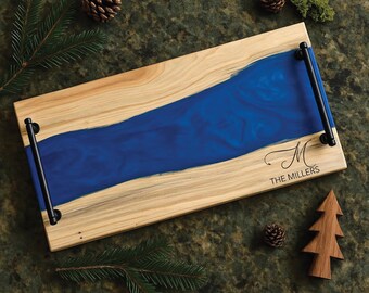 Personalized Live Edge River Resin Charcuterie Board: Handmade Rustic Serving Platter