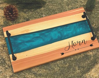 Personalized Live Edge River Resin Charcuterie Board: Handmade Wood Serving Platter