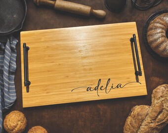 Personalized Laser Engraved Bamboo Serving Tray with Handles – Rustic Charcuterie & Breakfast Board