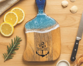 Personalized Ocean Resin Charcuterie Board: Engraved Coastal Cheese Board