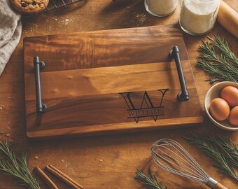 Personalized Laser Engraved Wooden Serving Tray with Handles – Rustic Charcuterie & Breakfast Board