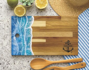 Personalized Ocean Resin Charcuterie Board: Engraved Coastal Cheese Board