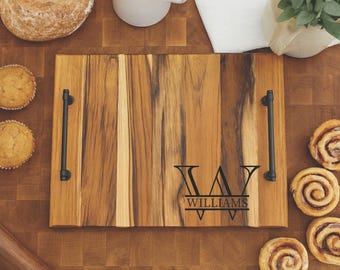 Personalized Laser Engraved Wood Serving Tray with Handles – Rustic Charcuterie & Breakfast Board