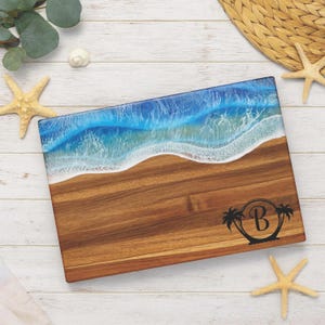 Ocean Resin Wooden Charcuterie Board | Beach Serving Tray | Coastal Cutting Board | Personalized Engraved Gift