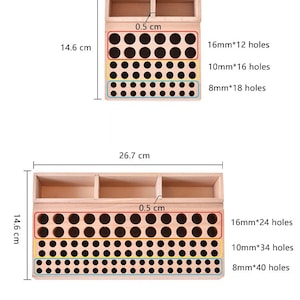 May include: Wooden pencil holder with three tiers of holes for storing pencils, pens, or other art supplies. The top tier has 12 holes, the middle tier has 16 holes, and the bottom tier has 18 holes. The holder is 12.8 cm wide, 14.6 cm tall, and 26.7 cm long.