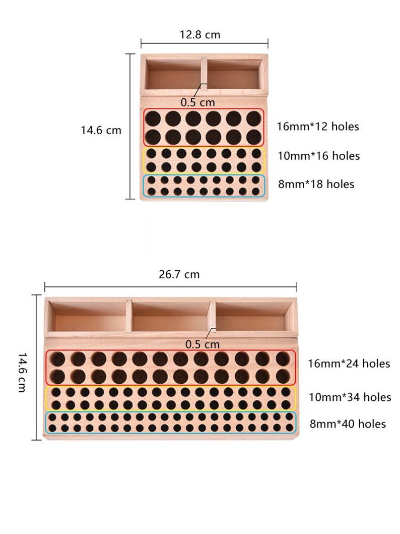 May include: Wooden pencil holder with three tiers of holes for storing pencils, pens, or other art supplies. The top tier has 12 holes, the middle tier has 16 holes, and the bottom tier has 18 holes. The holder is 12.8 cm wide, 14.6 cm tall, and 26.7 cm long.