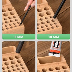 May include: Wooden organiser with multiple holes of different sizes for storing items. The holes are labelled with the diameter in millimetres: 8 mm, 10 mm, and 16 mm. There is also a slot for cards.